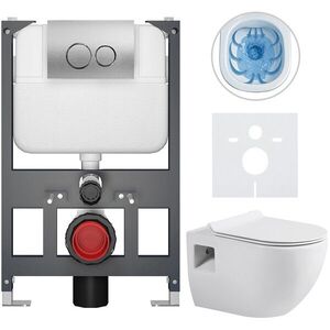 CERANO Kompletní WC set Basic/Dure bílá lesklá WC tlačítko Dualo/Stříbrná závěsné nízký modul předstěnová instalace 51x35 CER-8050BD85922 obraz