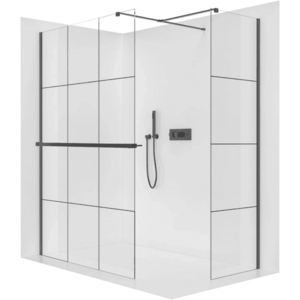 CERANO Sprchová zástěna Walk-in Onyx T L/P 8 mm hranatá vzpěra + polička/držák na ručníky černá matná, industriální sklo 160x150x200 CER-8050BD4129 obraz