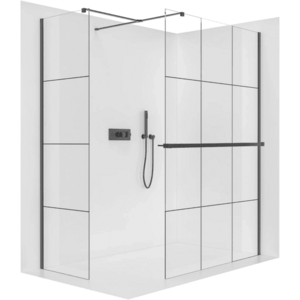 CERANO Sprchová zástěna Walk-in Onyx T L/P 8 mm hranatá vzpěra + polička/držák na ručníky černá matná, industriální sklo- 150x90x200 CER-8050BD4142 obraz