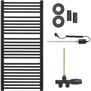CERANO Koupelnový radiátorový set Antonio kombinované vytápění, termo tyč boční jednobodové připojení 600W černá matná 1460x550 mm CER-663766 obraz