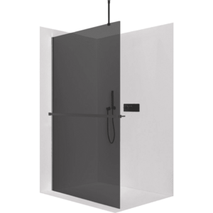 CERANO Sprchová zástěna Walk-in Onyx Top Round L/P 8 mm kulatá vzpěra + polička/držák na ručníky černá matná, grafitové sklo 110x200 CER-8050BD1710 obraz