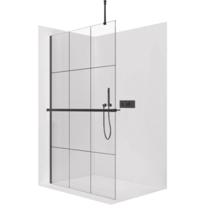CERANO Sprchová zástěna Walk-in Onyx Top Round L/P 8 mm kulatá vzpěra + polička/držák na ručníky černá matná, industriální sklo 160x200 CER-8050BD1476 obraz