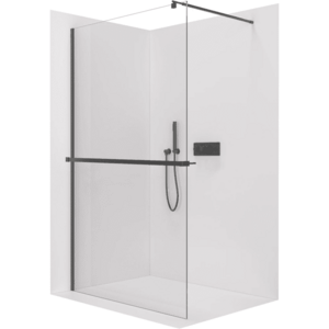 CERANO Sprchová zástěna Walk-in Onyx Round L/P 10 mm + polička/držák na ručníky kulatá vzpěra černá matná, transparentní sklo 130x200 CER-9040B1080 obraz