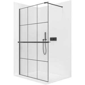 CERANO Sprchová zástěna Walk-in Onyx Cube L/P 8 mm + polička/držák na ručníky hranatá vzpěra černá matná, industriální sklo 140x200 CER-8050BD470 obraz