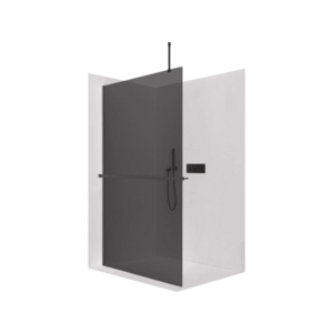 CERANO Sprchová zástěna Walk-in Onyx Top Round L/P 10 mm kulatá vzpěra + polička/držák na ručníky černá matná, grafitové sklo 130x200 CER-8050BD710984 obraz