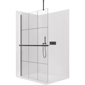 CERANO Sprchová zástěna Walk-in Onyx Top Cube L/P 8 mm hranatá vzpěra + polička/držák na ručníky černá matná, industriální sklo 110x200 CER-8050BD7112 obraz