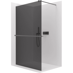 CERANO Sprchová zástěna Walk-in Onyx Round L/P 8 mm + polička/držák na ručníky kulatá vzpěra černá matná, grafitové sklo 50x200 CER-477236 obraz