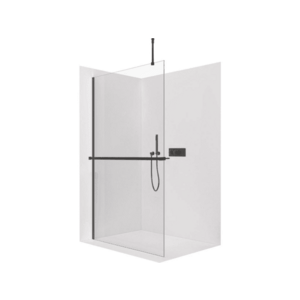 CERANO Sprchová zástěna Walk-in Onyx Top Round L/P 10 mm kulatá vzpěra + polička/držák na ručníky černá matná, transparentní sklo 160x200 CER-8050BD711337 obraz