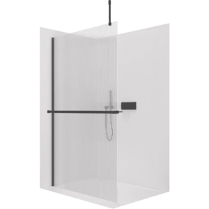 CERANO Sprchová zástěna Walk-in Onyx Top Cube L/P 8 mm hranatá vzpěra + polička/držák na ručníky černá matná, rýhované sklo 60x200 CER-8050BD7139 obraz