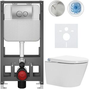 CERANO Závěsné WC s bidetem Basic/Cronus Standard bílá lesklá WC tlačítko Dualo/Stříbrná volně stojící předstěnová instalace 59, 3x38, 4 CER-8050BD86432 obraz