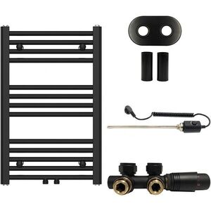 CERANO Koupelnový radiátorový set Benito kombinované vytápění, termo tyč středové připojení 50 mm 300W černá matná 700x450 mm CER-163041 obraz