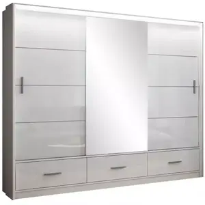 Šatní skříň Marsylia 255cm Bílá/Bílá Lesk/Zrcadlo obraz