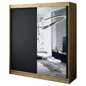 Šatní skříň Halifax T2 200 dub Artisan/černá/zrcadlo obraz