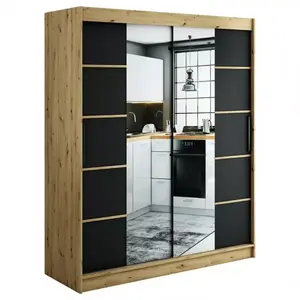 Šatní skříň Halifax V4 180 dub Artisan/černá/zrcadlo obraz