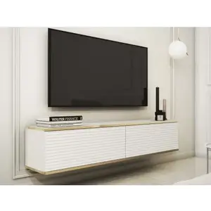 Závěsná TV skříňka Orfeo, 135 cm, bílá struktura/zlatá obraz