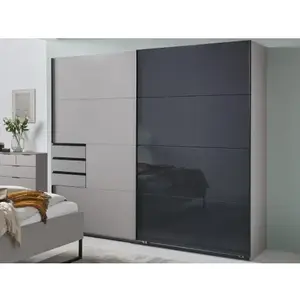 Šatní skříň se zásuvkami Tilburg, 225 cm, šedá sahara/černé sklo obraz