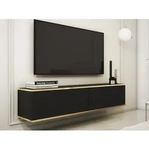 Závěsná TV skříňka Orfeo, 135 cm, černá struktura/zlatá obraz