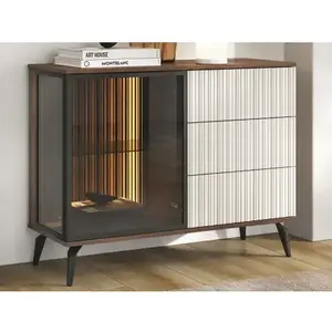 Komoda s prosklením Vici 103 cm, ořech/kašmírově béžová, s osvětlením obraz
