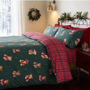 Červené/tmavě zelené povlečení na jednolůžko 135x200 cm Christmas Tartan Teddy Bear – Catherine Lansfield obraz