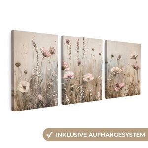 MuchoWow OBRAZ NA PLÁTNĚ 3dílná sada Květiny - béžová - moderní - růžová 90x40 cm obraz