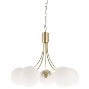 Mosazná závěsná lampa Dani 5x40W E14, bílé stínidlo, elegantní stropní svítidlo do obývacího pokoje, klasický i moderní styl, pět světelných bodů obraz