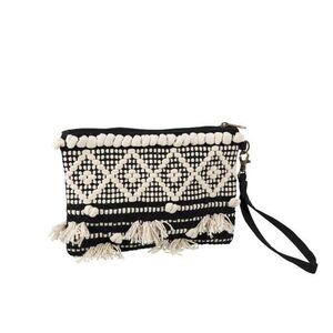Černo-krémová kabelka do ruky Monochrome Boho s třásněmi - 25*17cm 94936 obraz