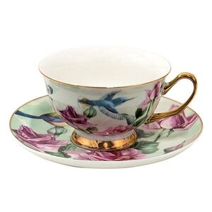Porcelánový šálek s podšálkem s květy a ptáčky Pié - 12*10*6 cm / Ø 15*2 cm / 200 ml 6CE1479 obraz