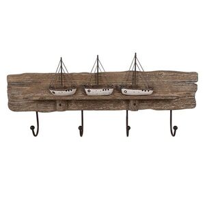 Hnědý antik dřevěný nástěnný věšák s loďkami Nauticco - 63*8*27 cm 5H0684 obraz