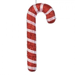 Červená třpytivá vánoční ozdoba cukrová hůlka s bílou stuhou - 8*2*17 cm 66181 obraz