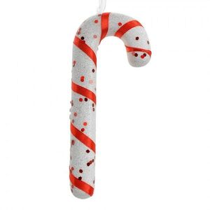 Bílá třpytivá vánoční ozdoba cukrová hůlka se stuhou - 7*2*17 cm 66176 obraz
