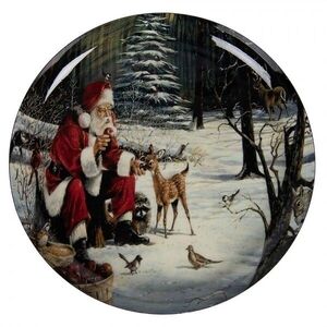 Černý kovový podnos s motivem Santy v zasněžené krajině - Ø 28*3 cm 66416 obraz