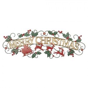 Nástěnná kovová cedule Merry Christmas s cesmínou - 79*1*27 cm 5Y1483 obraz