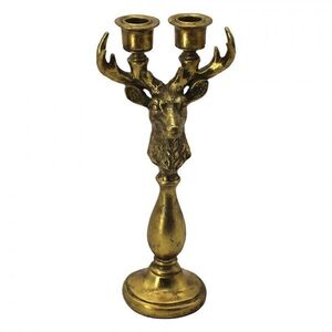 Zlatý antik svícen na 2 úzké svíčky Jelen Deer Antique - 14*11*39 cm 6PR6469 obraz