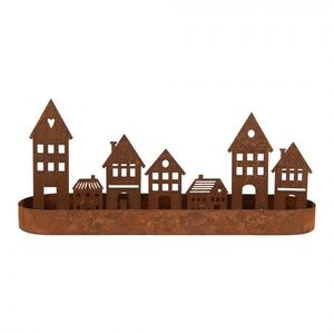 Rezavá dekorace svícen s domečky - 30*8*13 cm 6Y6120 obraz