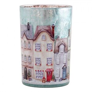 Modrý skleněný svícen vesnička domky Village L - Ø 12*18 cm 6GL5392 obraz