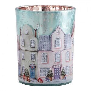 Modrý skleněný svícen vesnička domky Village M - Ø 10*13 cm 6GL5391 obraz