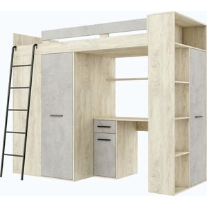 Multifunkční patrová postel DIRARO, levá, dub endgrain/beton šedý obraz