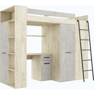 Multifunkční patrová postel DIRARO, pravá, dub endgrain/beton šedý obraz