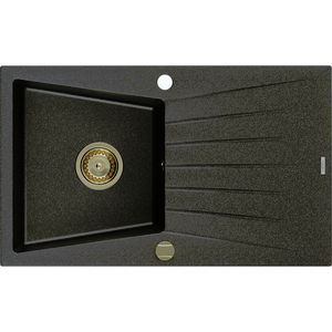 MEXEN/S Cesar granitový dřez 1 s odkapávačem 775x470 mm, černá kropenatá, + zlatý sifon 6514771010-76-G obraz