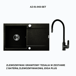INVENA Granitový dřez TESALIA dlouhý odkap, černý s automatickým sifonem, chrom + baterie JOGA PLUS AZ-01-043-SET obraz