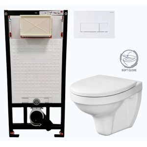 DEANTE Podomítkový rám, pro závěsné WC mísy + SLIM tlačítko bílé + WC CERSANIT DELFI + SOFT SEDÁTKO CST_WC01 A51P DE2 obraz