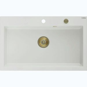 MEXEN/S Elix granitový dřez 1-miska 800 x 500 mm, bílá, sifon zlatá 6527801005-20-G obraz