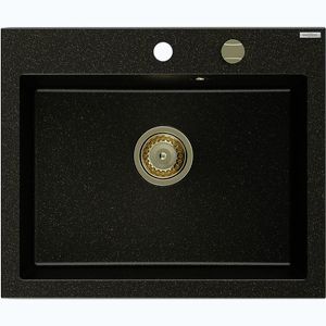MEXEN/S Elix granitový dřez 1-miska 600 x 500 mm, černá/stříbrná metalik, sifon zlatá 6525601005-73-G obraz