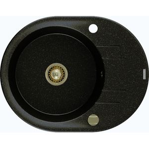 MEXEN/S Kevin granitový dřez 1 s odkapávačem 586x458 mm, černý/stříbro metalik + zlatý sifon 6517581005-73-G obraz