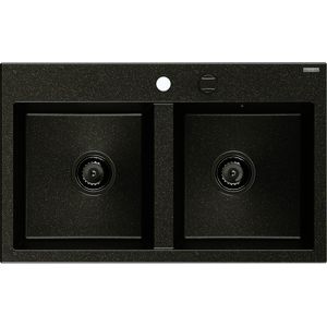 MEXEN/S Hektor granitový dřez 2-bowl 800 x 480 mm, černá/stříbrná metalik, černý sifon 6521802000-73-B obraz