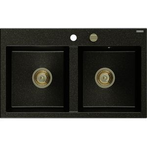 MEXEN/S Hektor granitový dřez 2-bowl 800 x 480 mm, černá/stříbrná metalik, zlatý sifon 6521802000-73-G obraz