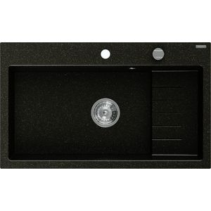 MEXEN Omar granitový dřez 800 x 480 mm, černá/stříbrná metalik, sifon chrom 6520801005-73 obraz